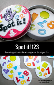 Great travel and resturant game for toddlers and preschoolers to learn and practice numbers, colors, and shapes. Spot it! 123 game review and overview.