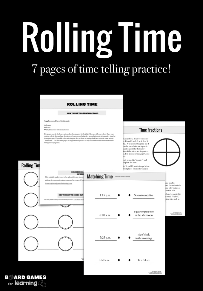 Rolling time homeade dice game to help kids learn to recognize and say the time in different ways.